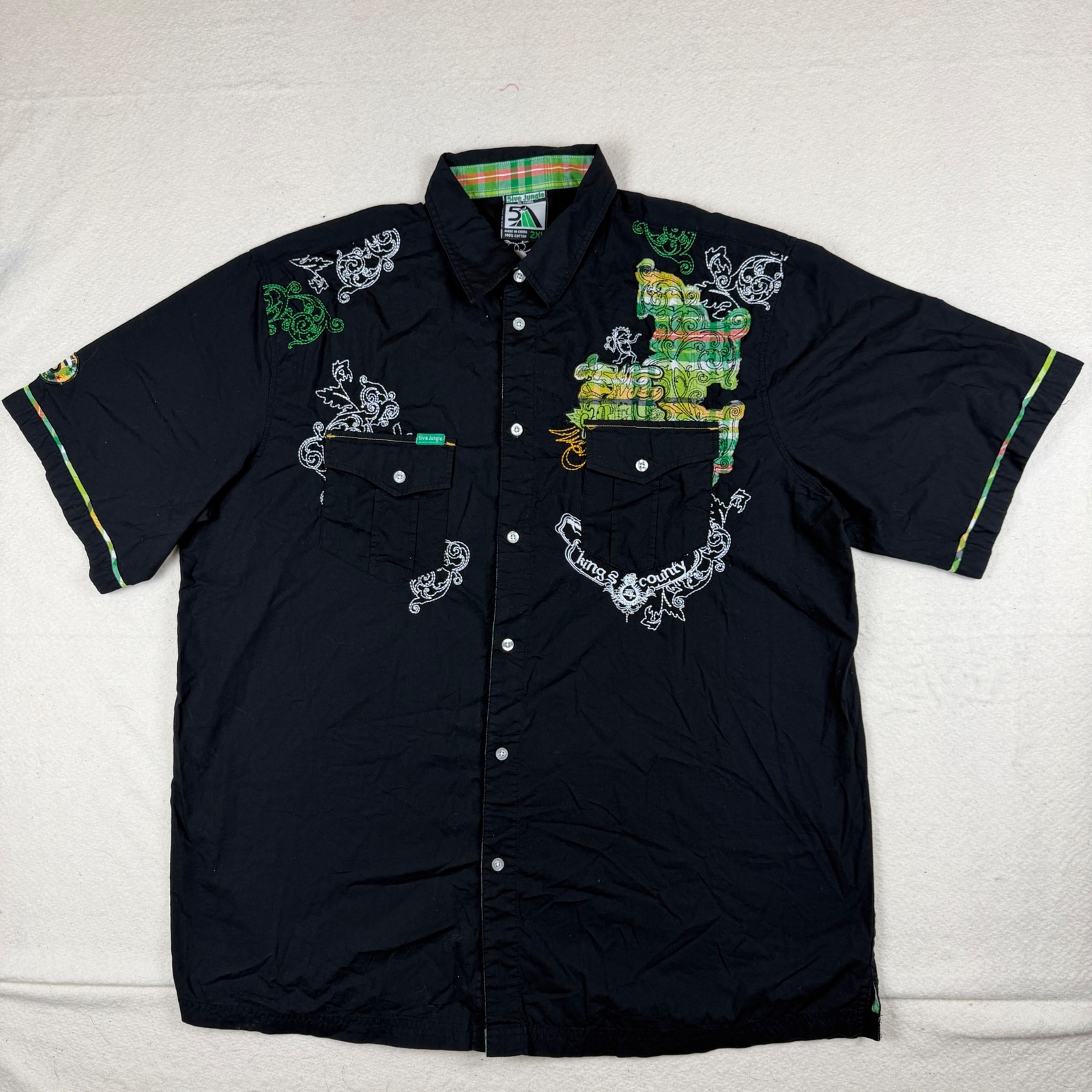 5ive Jungle Mens 2xl Black Embroidered Plaid Kings County Button Down Shirt Y2k